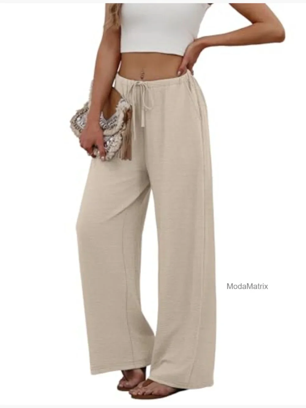 Wide Leg Palazzo Pants Drawstring Elastic Waist with Pockets Flowy Summer - Picture 4 of 7